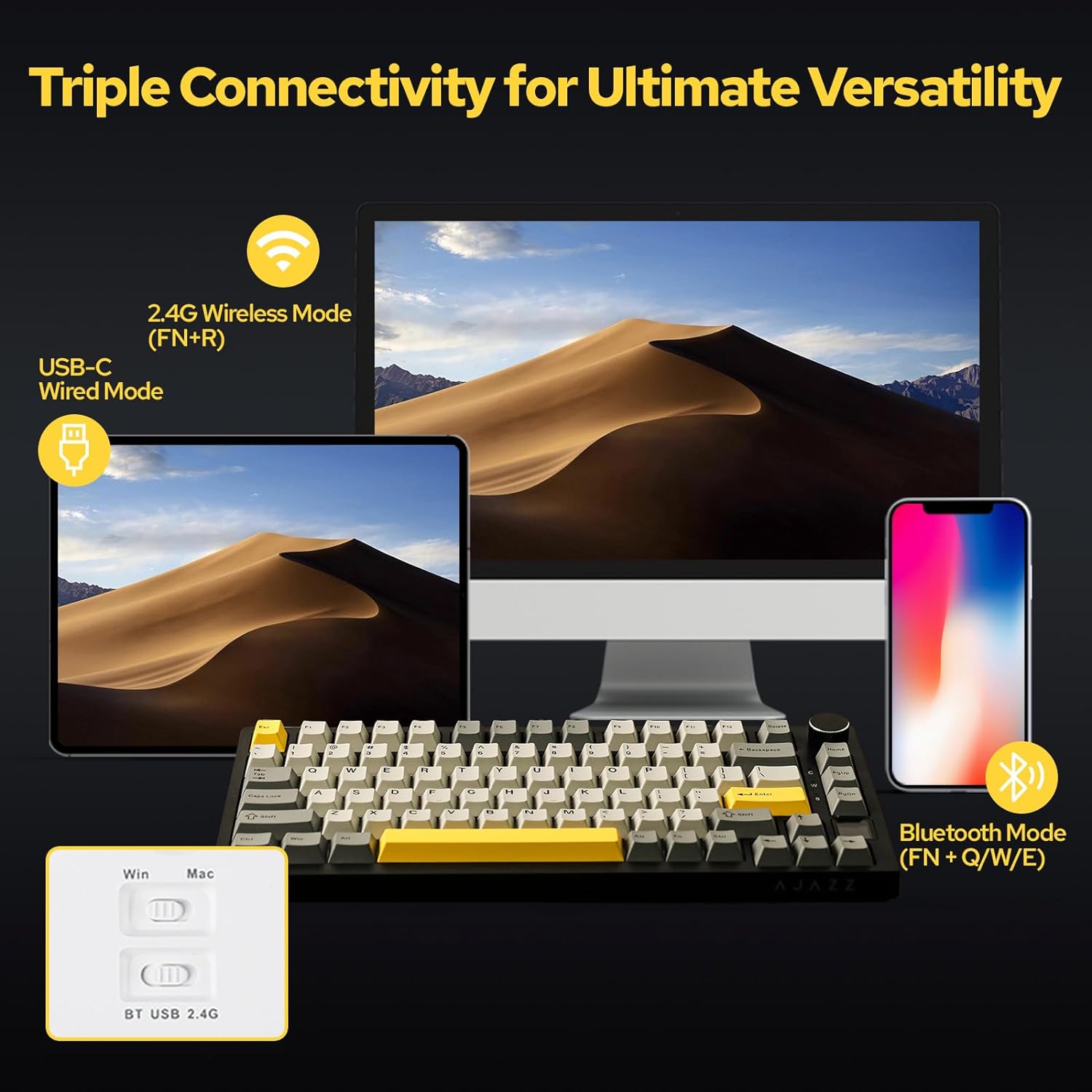 Ajazz AK820 Pro Gaming Mechanical Keyboard Bluetooth/ Wireless/Wired Customized Keyboard with TFT Color Screen Knob 136 Keycaps. 