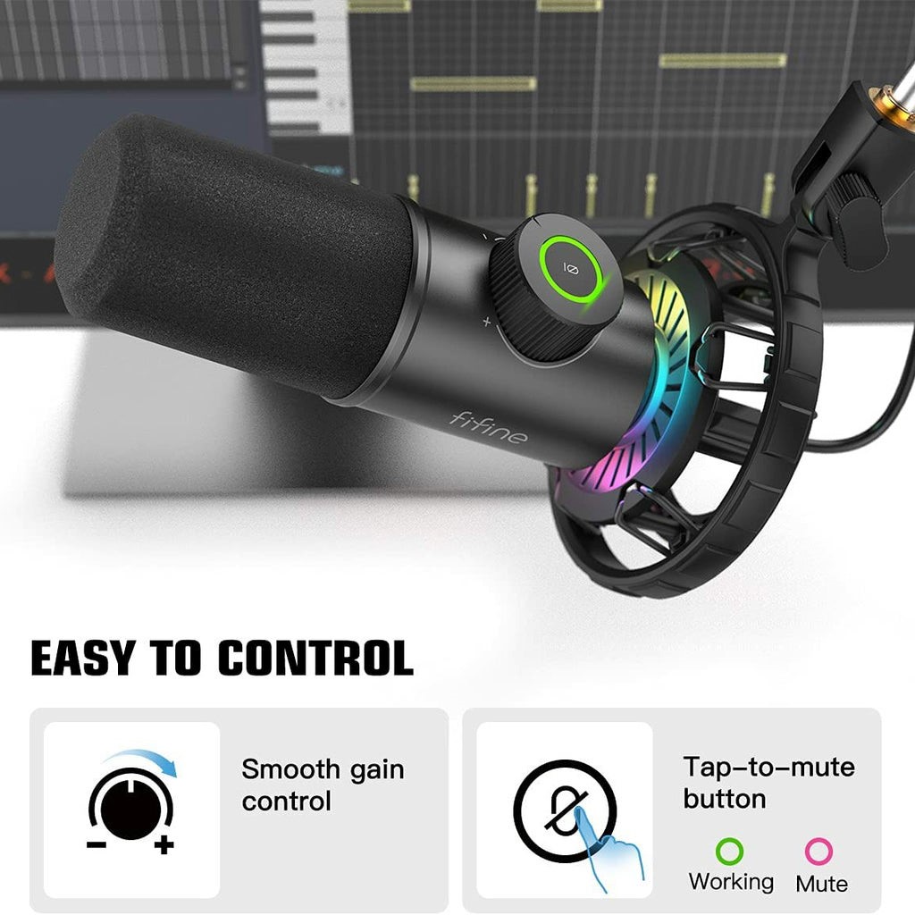 FIFINE K658 USB DYNAMIC CARDIOID MICROPHONE WITH A LIVE MONITORING, STREAMING, GAIN CONTROL, MUTE BUTTON. 