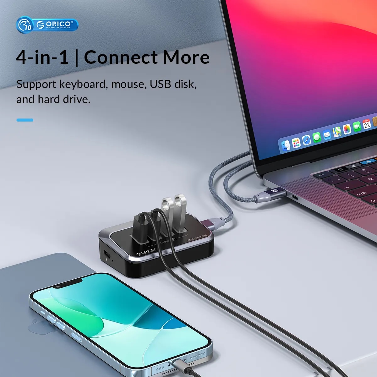 ORICO 10Gbps USB 3.2 HUB Super Speed Type-C Splitter OTG Adapter With USB C Power Supply Port for MacBook Computer Accessories. 