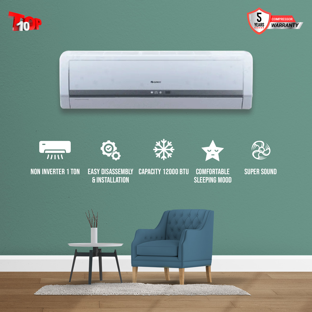 GREE 1 TON -GS-12XCO32/ GS-12MU410 / GS-12NFA410/ & OTHERS MODEL -NON INVERTET Split Type (OFFICIAL WARRANTY ). 