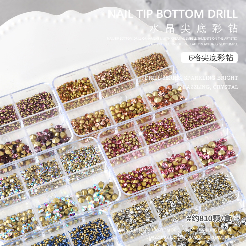 Nail jewelry, white diamonds on gold background, AB colored diamonds, culets, 6 compartments, boxed mixed size, size nails, pointed diamonds