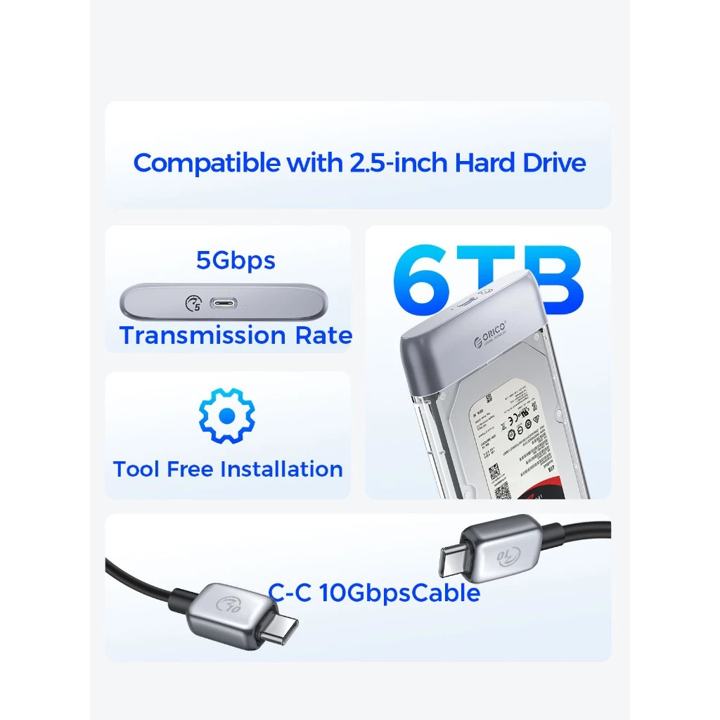 ORICO TX25C3-GY 2.5" HDD/SSD USB3.0 Case Enclosure Type-C To Type-C 5Gbps Transmission Auto Sleep For PC Laptop Notebook. 
