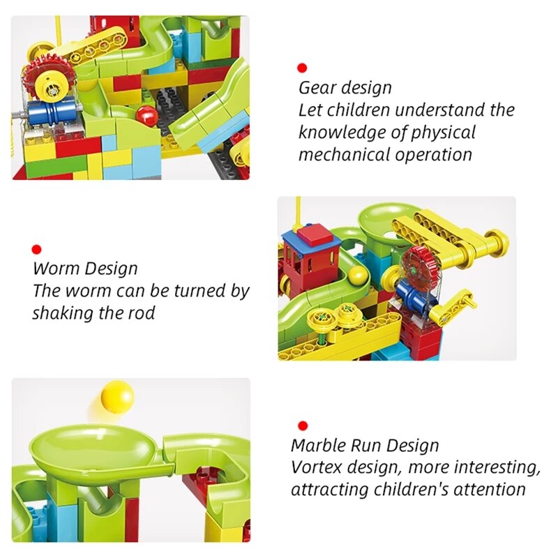 Marble Race Run Maze Balls Track Gear Wheel Blocks Funnel Slide Block compatible with Double Size-130pcs. 