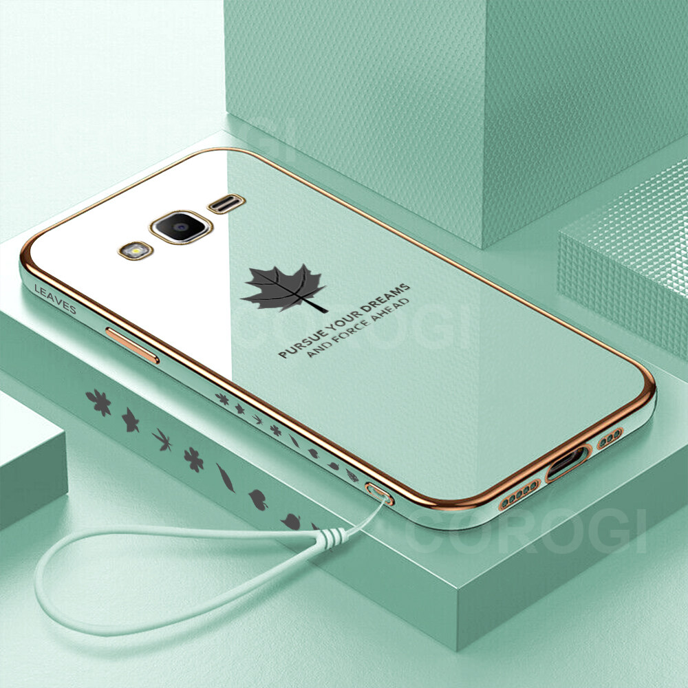 COROGI for Samsung Galaxy Grand Prime Plus Back Cover with Lanyard Luxury 6D Plating Maple Leaf Side Pattern Soft Silicone Square Mobile Phone Case. 