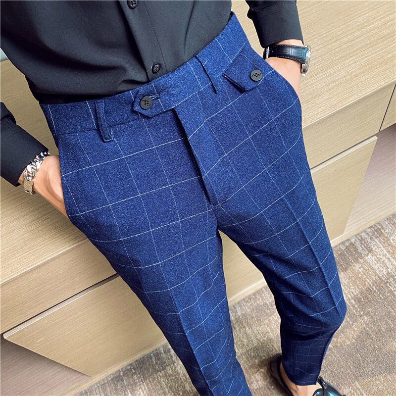Plaid Formal Suit Pants Black Blue 