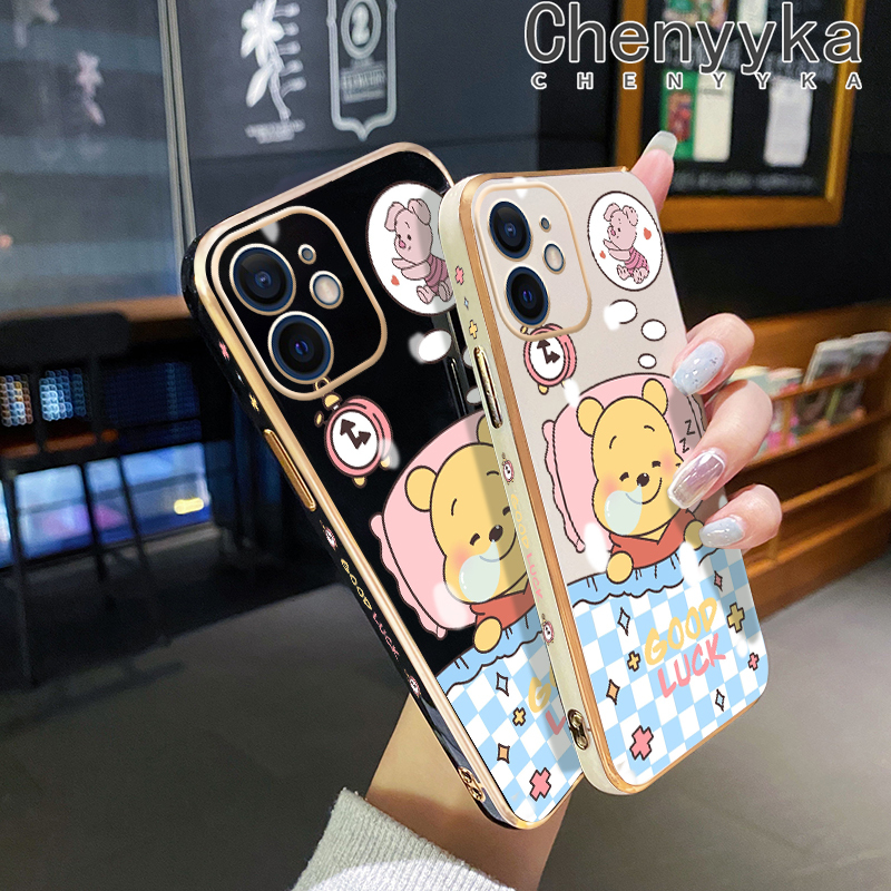 Chenyyka For vivo v23 4G V23 5G S12 5G Case Cartoon Winnie the Pooh New Design Plating Phone Case Square Edge Pattern Shockproof Soft Shell Full Cover Camera Lens Protection Case. 