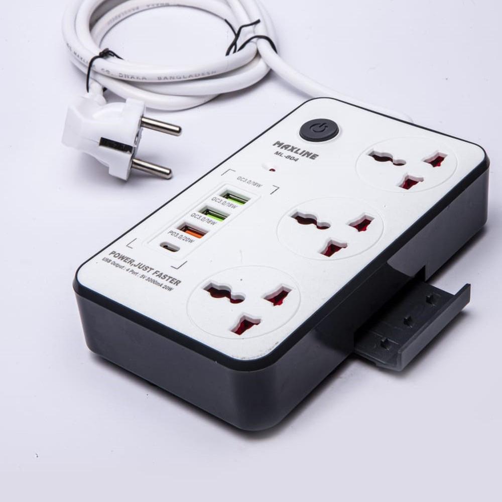 Multiplug ML-804 3 SOCKET 20W USB C PD 3-PORT QC 3.0- 3 Ways Power Socket and 4 USB Port For a Better Performance. 