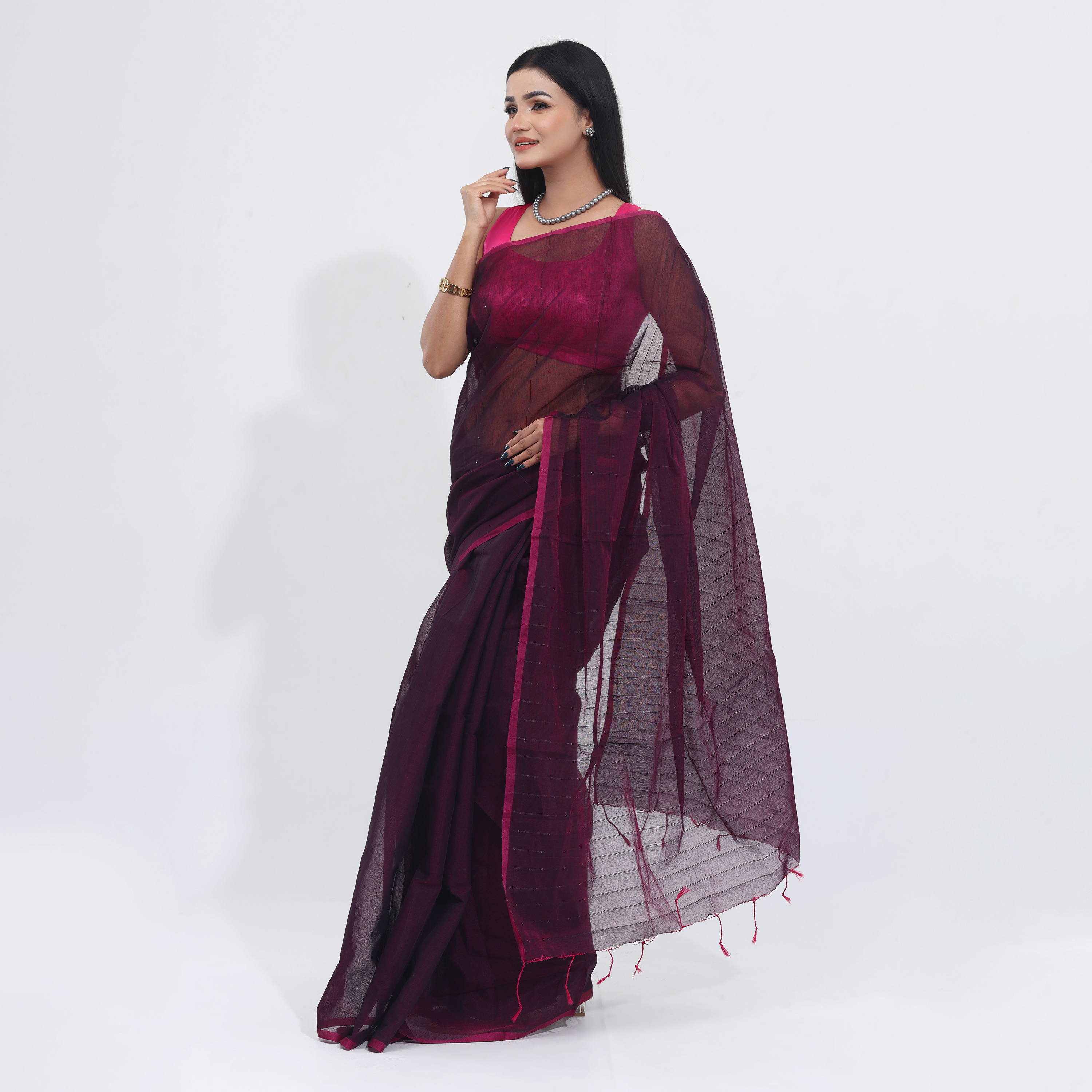 Elegance Redefined-Trendy Collection Tangail Tant Half Silk One Color Chumki Saree -Suitable for Every Season. 