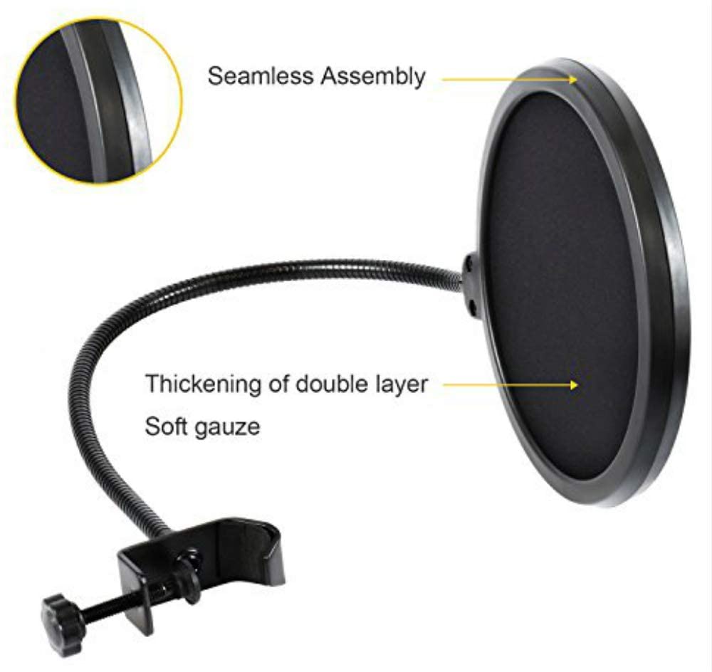 Microphone Pop Filter For Blue Yeti and Any Other Microphone Dual Layered Wind Pop Screen With Flexible 360° Gooseneck Clip Stabilizing Arm. 