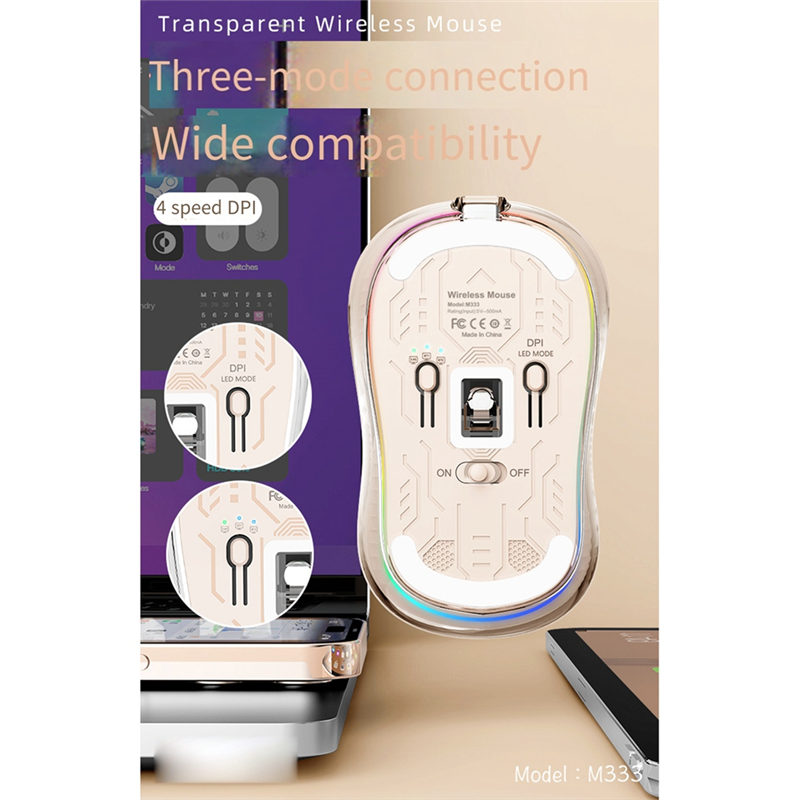 Wireless Bluetooth Mouse Transparent Magnetic Rechargeable Mouse Three Mode Silent Led Lamp Mouse for Laptop PC White. 
