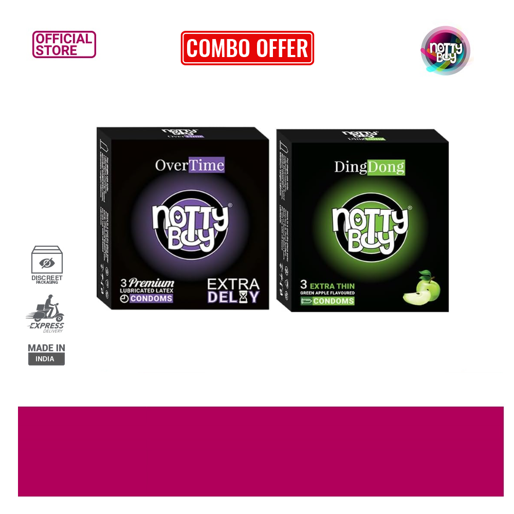 Nottyboy Pleasure Combo 3x2 = 6Pcs Condom - 	 NottyBoy Over Time Climax Delay 3s + NottyBoy DingDong Green Apple Flavoured 3s - (COMBO 01)