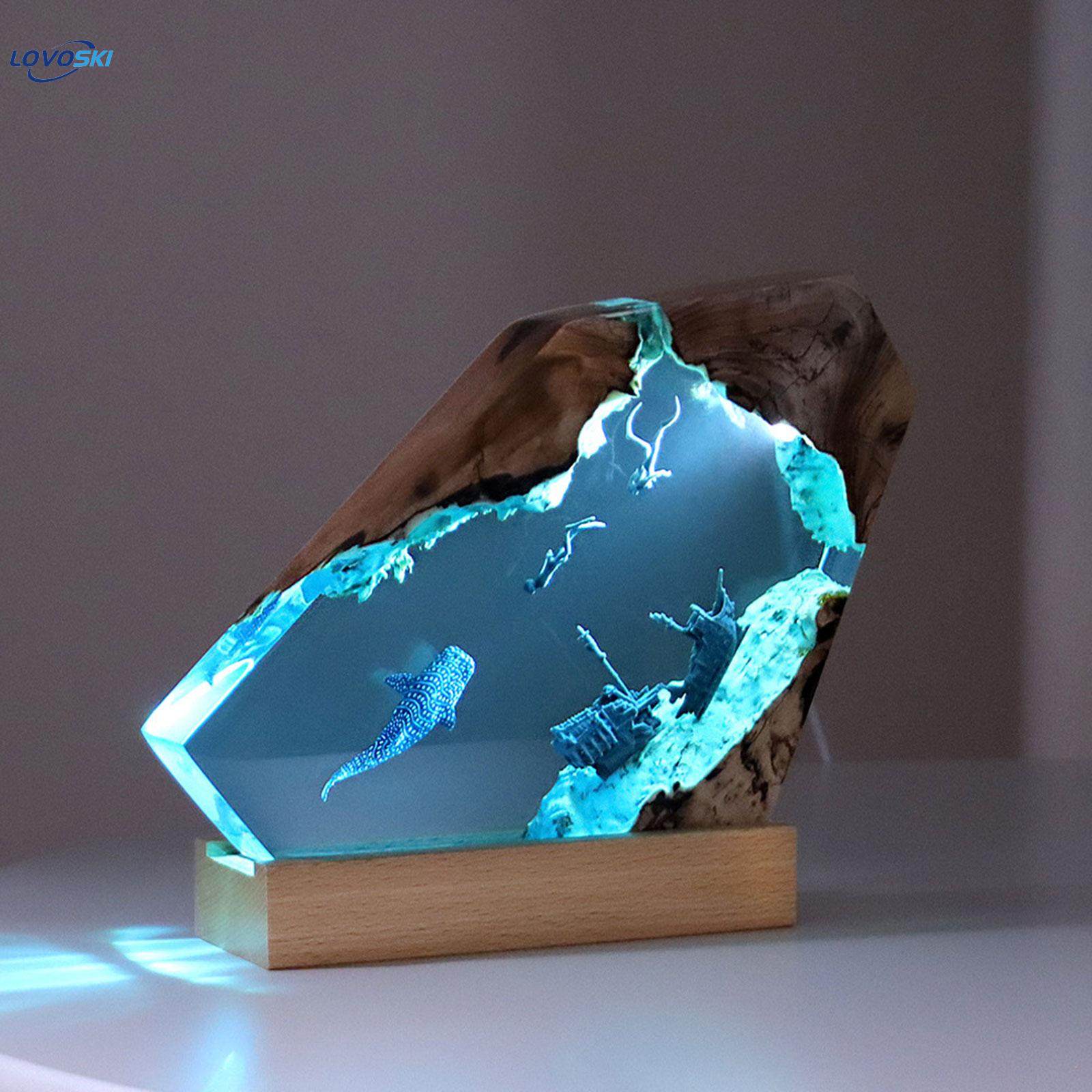 Epoxy Resin Desk Lamp Light Deep Diving Underwater Scene Decorative with USB. 