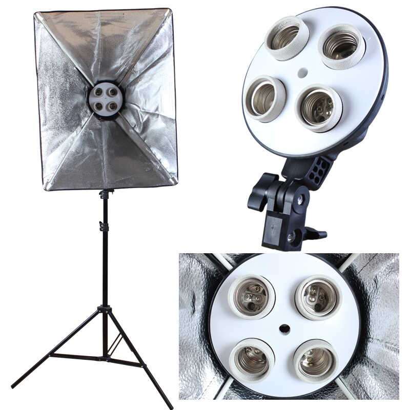 Photo Video Studio Lighting adjustable Kit 4-Socket E27 Lamp Holder Softbox Light Stands with storage bag. 