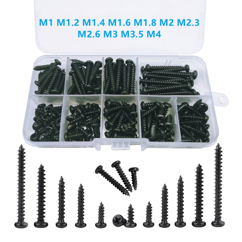 M1 M1.2 M1.4 M1.6 M1.8 M2 M3 M4 Cross Head STapping Screw Assortment Kit Wood Thread Nail Screw Sets Round Head Small Screws. 