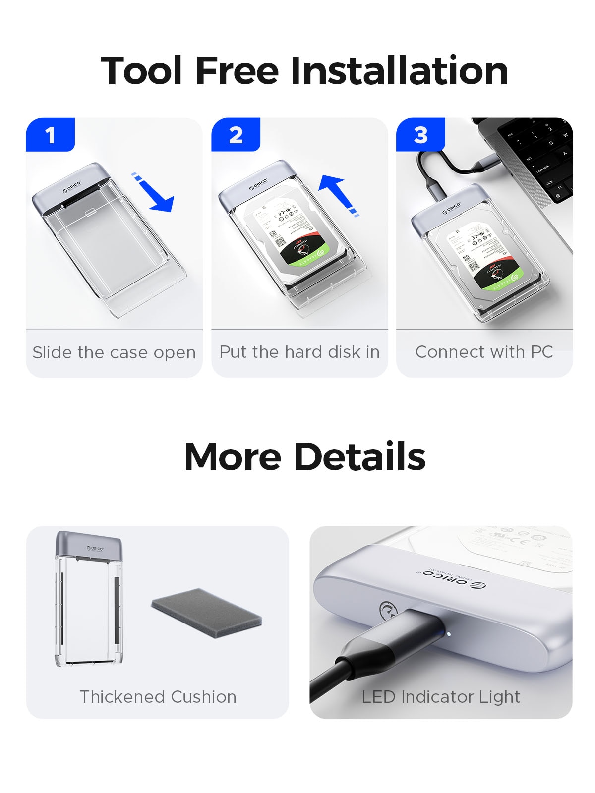 ORICO 2.5 inch Transparent Type-C Hard Drive Enclosure USB3.0 5Gbps Metal HDD Case Support Auto Sleep for PC Laptop Notebook. 
