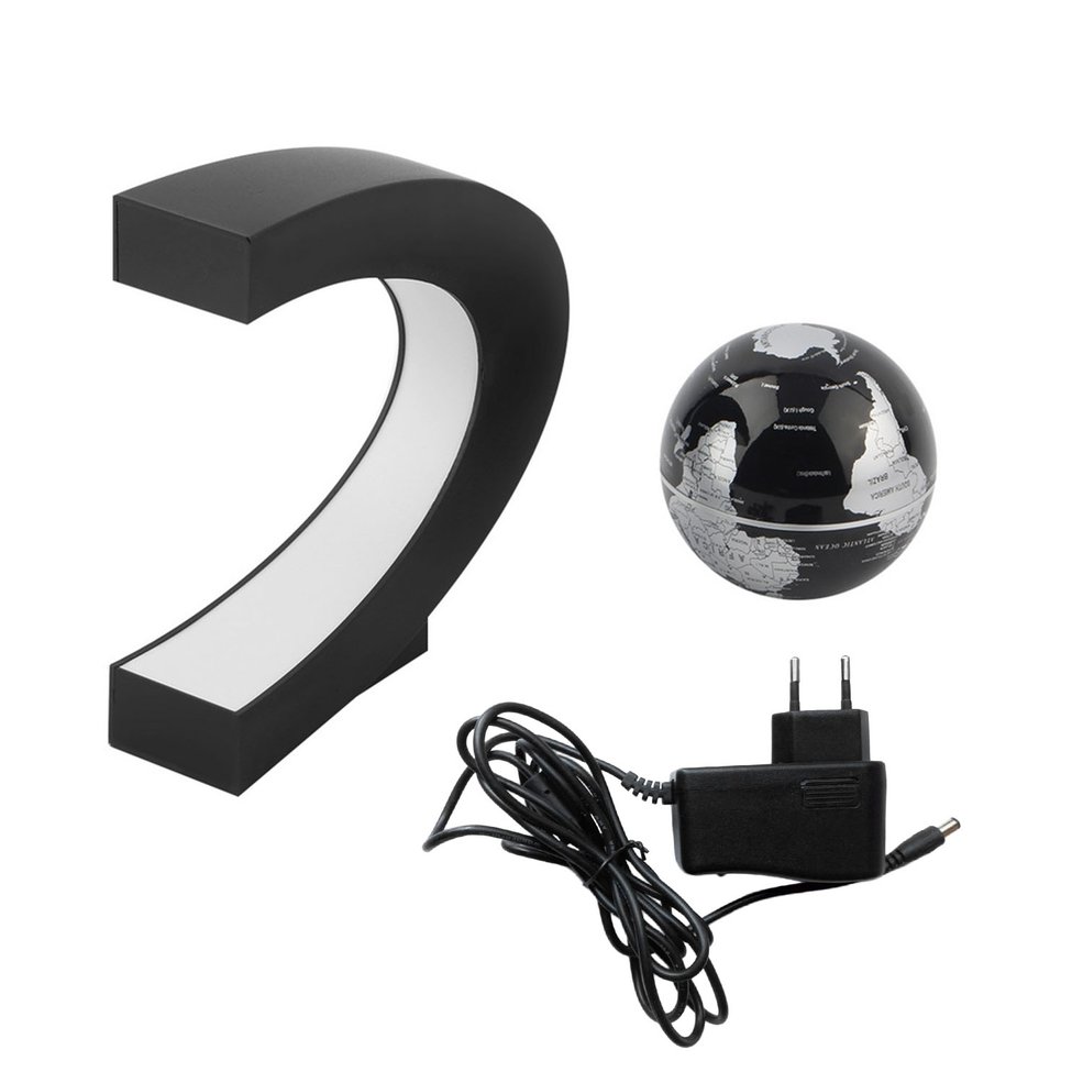 C shape LED World Map Decoration Magnetic Levitation Floating Globe Light-black UK Plug. 
