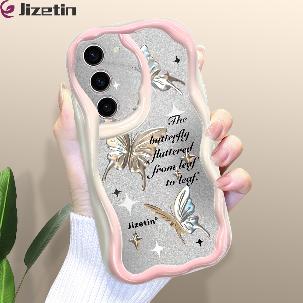 Jizetin for Samsung S23 5G Back Cover Cartoon Golden Butterfly Cream Texture Wavy Edge Soft Silicone Phone Case