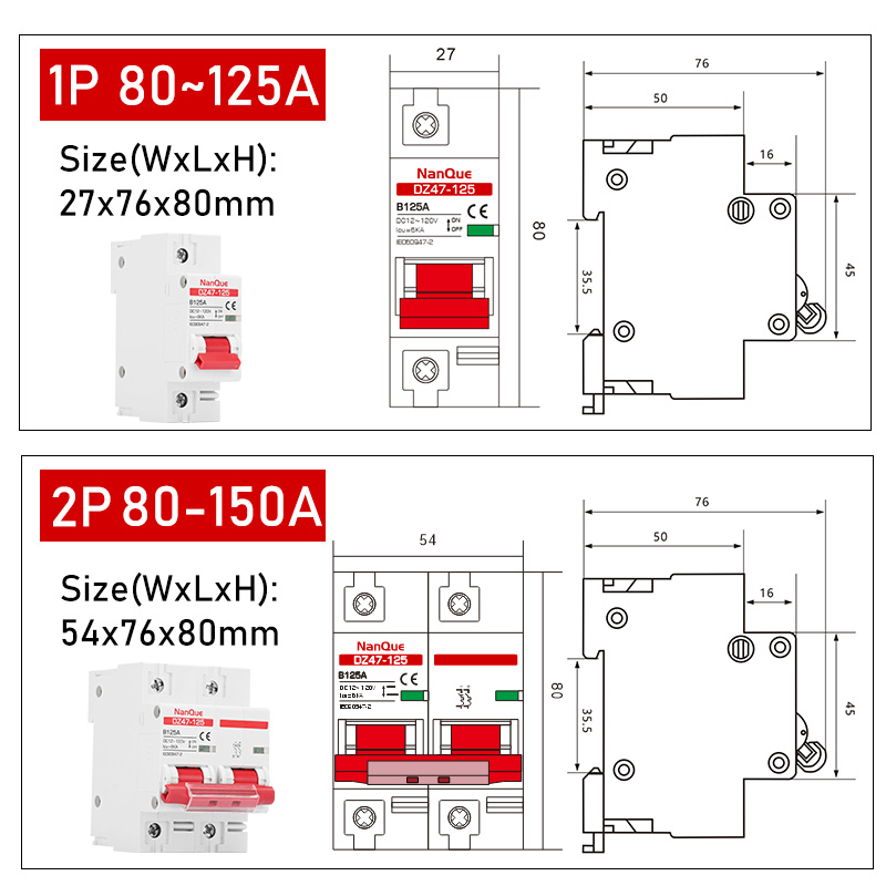 DC MCB 12V 24V 48V 60V 110V Circuit Breaker Battery Protect Switch Positive Negative Short Circuit 2P 10A 20A 50A 100A 125A 150A. 