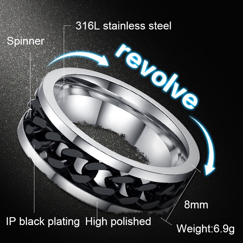 Spinner Chain Ring Men, Stainless Steel Fidget Ring ,Black/Blue/Silver Color Not Fade Reliever Stress. 