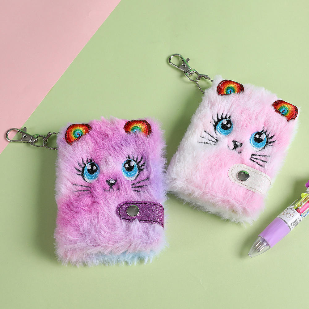 Cute Cat Face Plush Mini Pocket Notebook with Keychain, Kids Girls Boys Writing Drawing Pad Personal Journal Diary Notepad with Blank Inner Papers. 