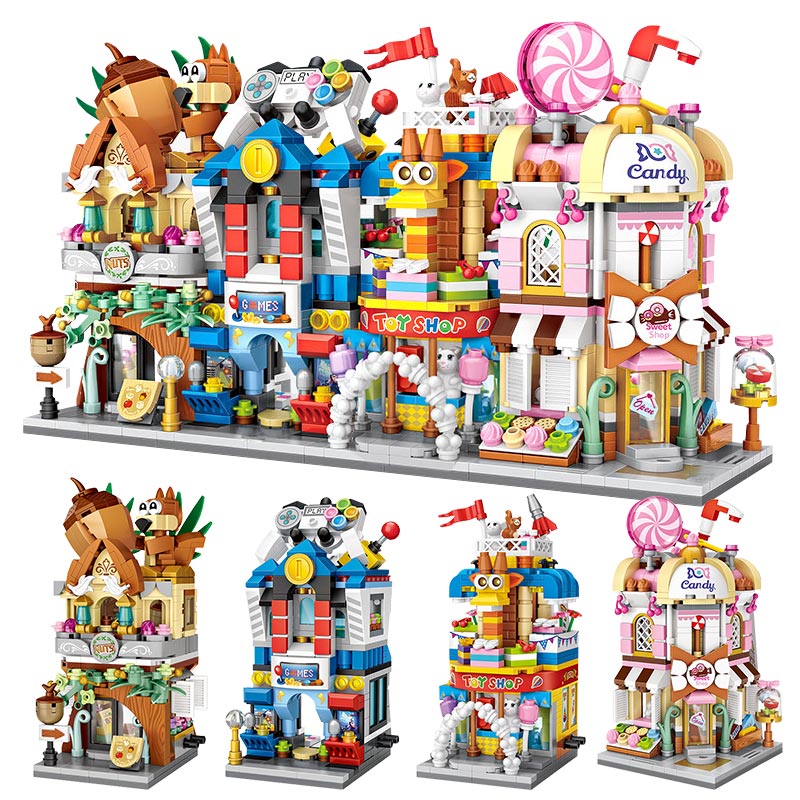 City View Scene Cinema Retail Store Candy Shop Architectures Mini Blocks Models Building Blocks Christmas Toy for Children. 