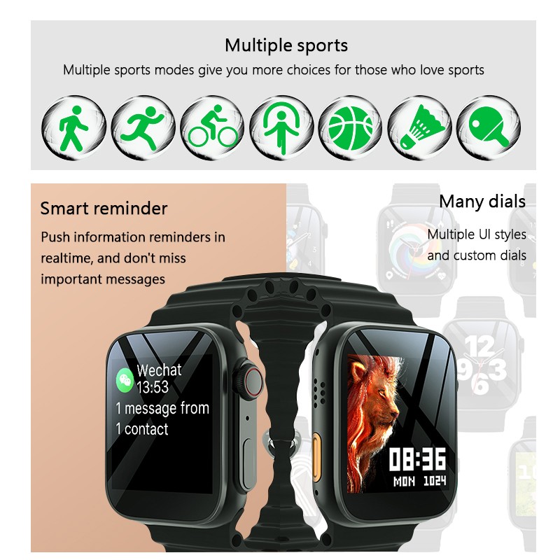 U8 Ultra Smart Watch Men Women 1.44" Bluetooth Call Smartwatch Sleeping Heart Rate Monitoring Custom Dial Sport Modes. 