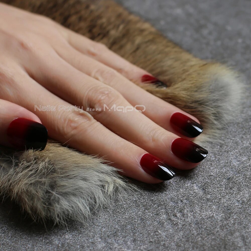 Oval nails Red and black Ombre Gothic Medium shape Vampire color Glossy Press on nails. 