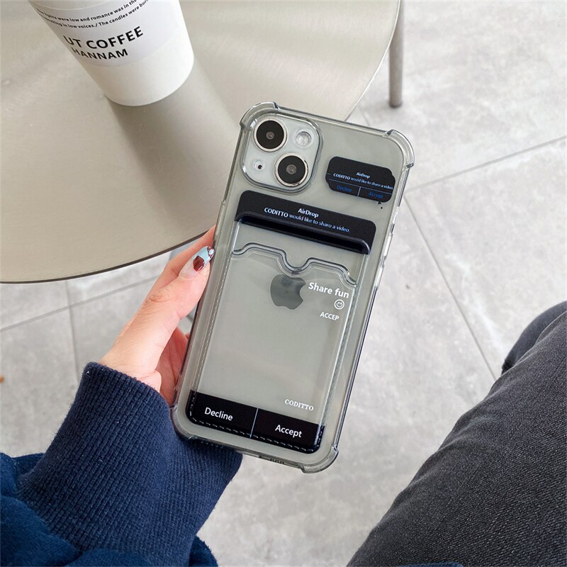 Cute Funny Airdrop Card Holder Transparent Phone Case For iPhone 13 12 11 Pro XS Max X XR SE 7 8 Plus Clear TPU Soft Back Cover. 