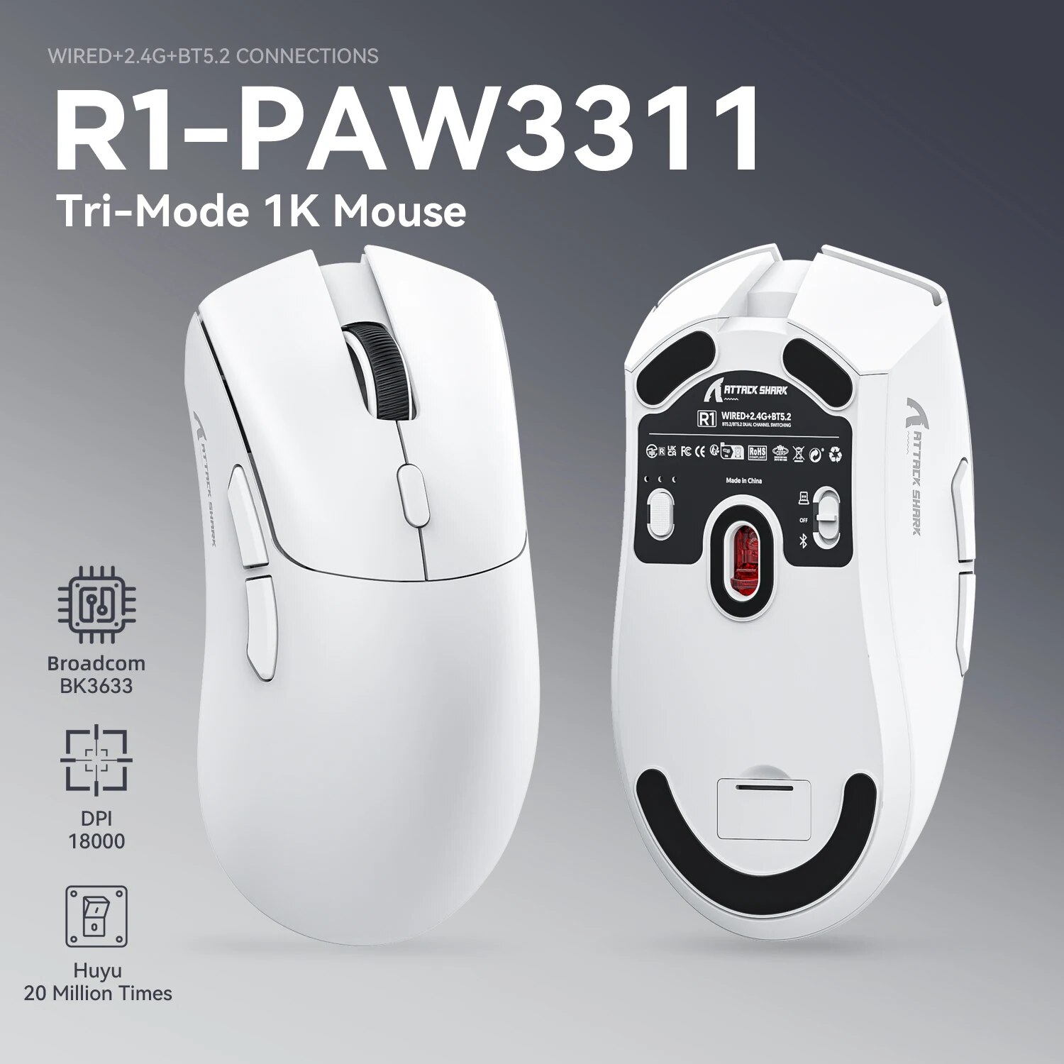 R1 Superlight Mouse Bluetooth 2.4G Wireless Gaming Mouse PixArt PAW3311 Gaming Sensor 6 Adjustable DPI for Office Game. 