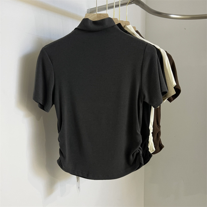 Modal Rayon Pleated Waist Tight Half Turtleneck Short Sleeve on Both Sides T Women's Short T-shirt. 