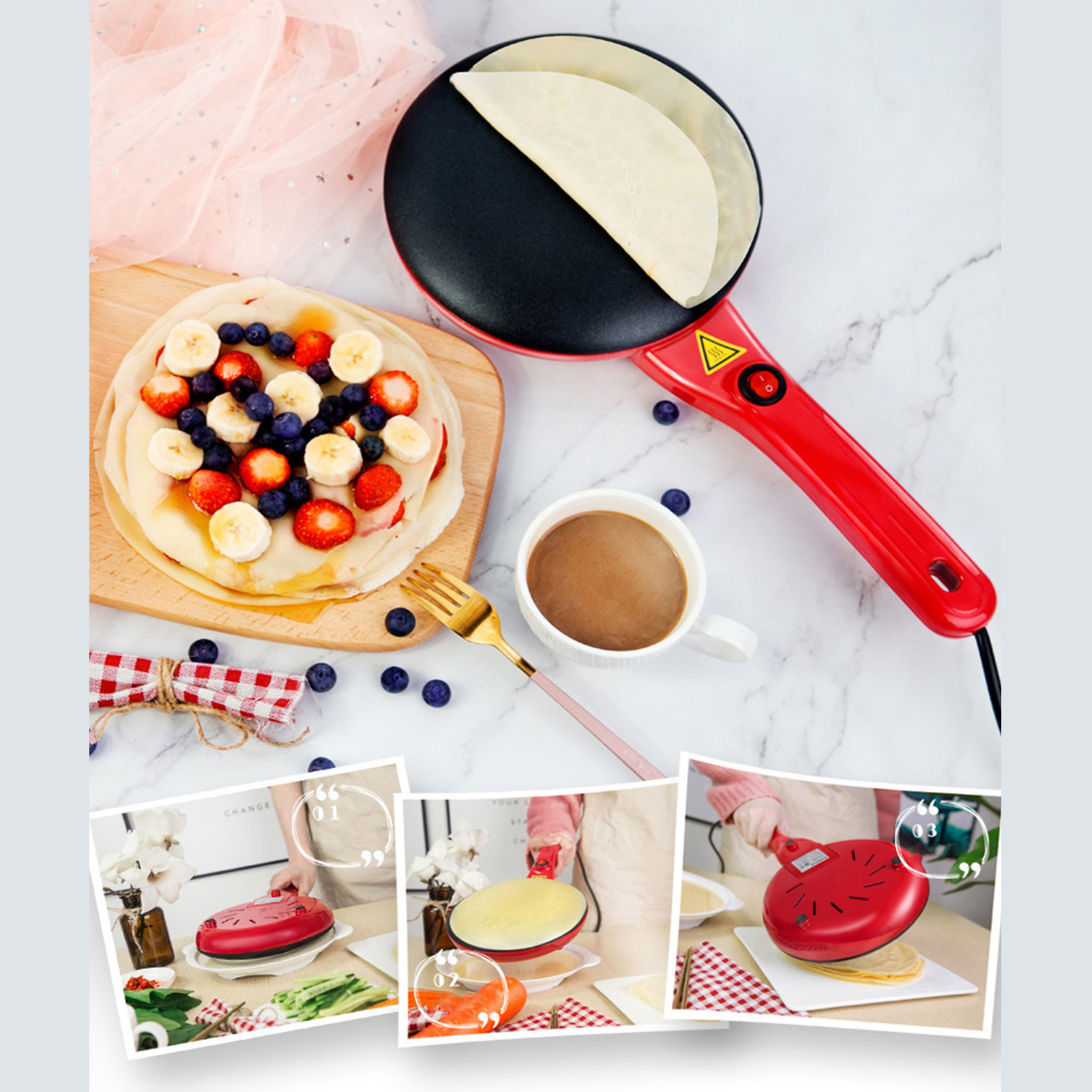 Non-stick Coating Electric Crepe Pizza Maker Portable Pancake Machine Griddle Baking Pan Kitchen Cooking Tools Automatic Temperature Control, for Pancakes, Blintz, Chapati, Eggs Roll, Tortillas. 
