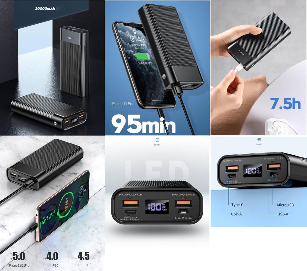 ROCK P82 PD Power Bank 20000mAh with Digital Display. 