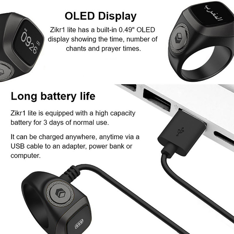 Smart Tasbih Tally Counter Ring for Muslims Zikr Digital Tasbeeh 5 Prayer Time. 