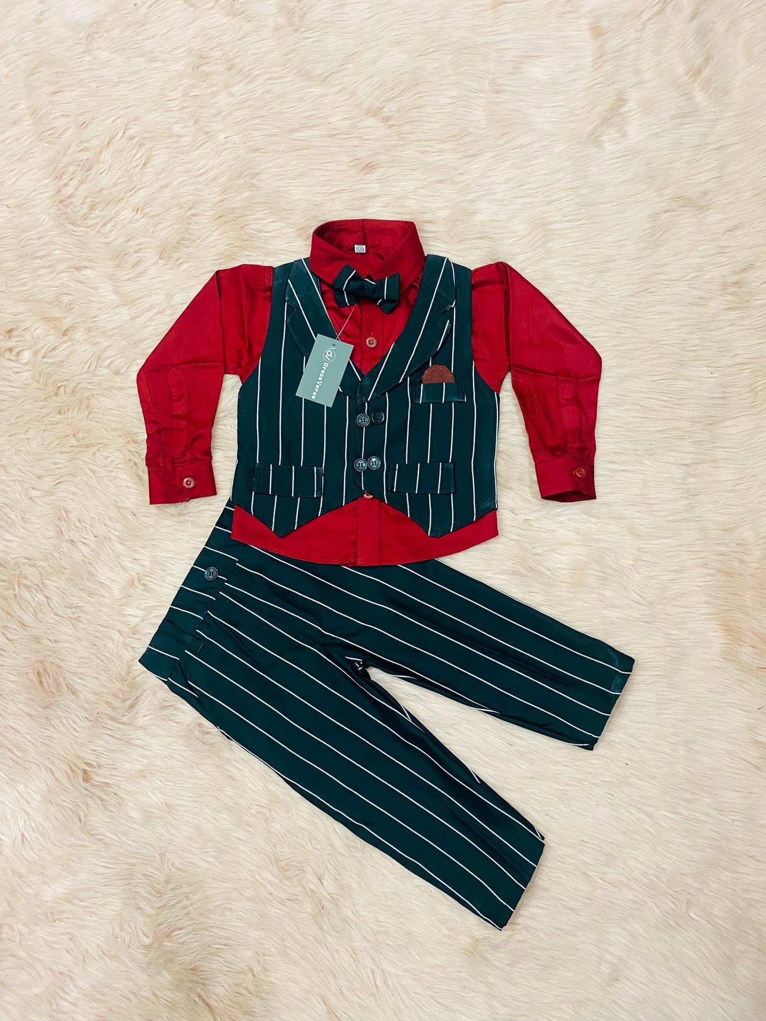 (kidsfashionzone)-PROMOTIONAL OFFER-6 MONTH TO 72MONTH- STYLISH BABY BOYS PARTY DRESS WITH FULL SLEEVES SHIRT + FULL PANT + VEST + BOW TIE. 