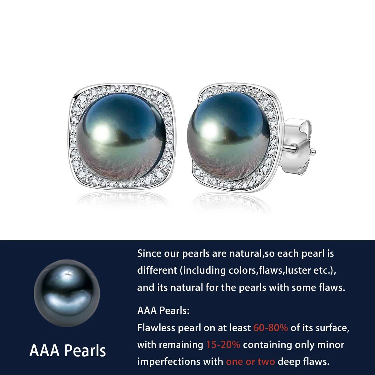AnuJewel 9-10mm Natural Tahitian Pearl Stud Earrings With Cer S925 Sterling Silver High Luster Seawater Pearl Earrings For Woman. 