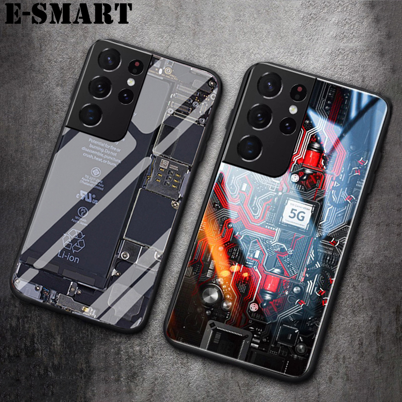 For Samsung Galaxy S21 Ultra Case Explorer Version Theme Back Cover Tempered Glass Protector Back Cover for Samsung S21 Ultra Back Cover Clear Circuit Board Design Full Coverage For s. 