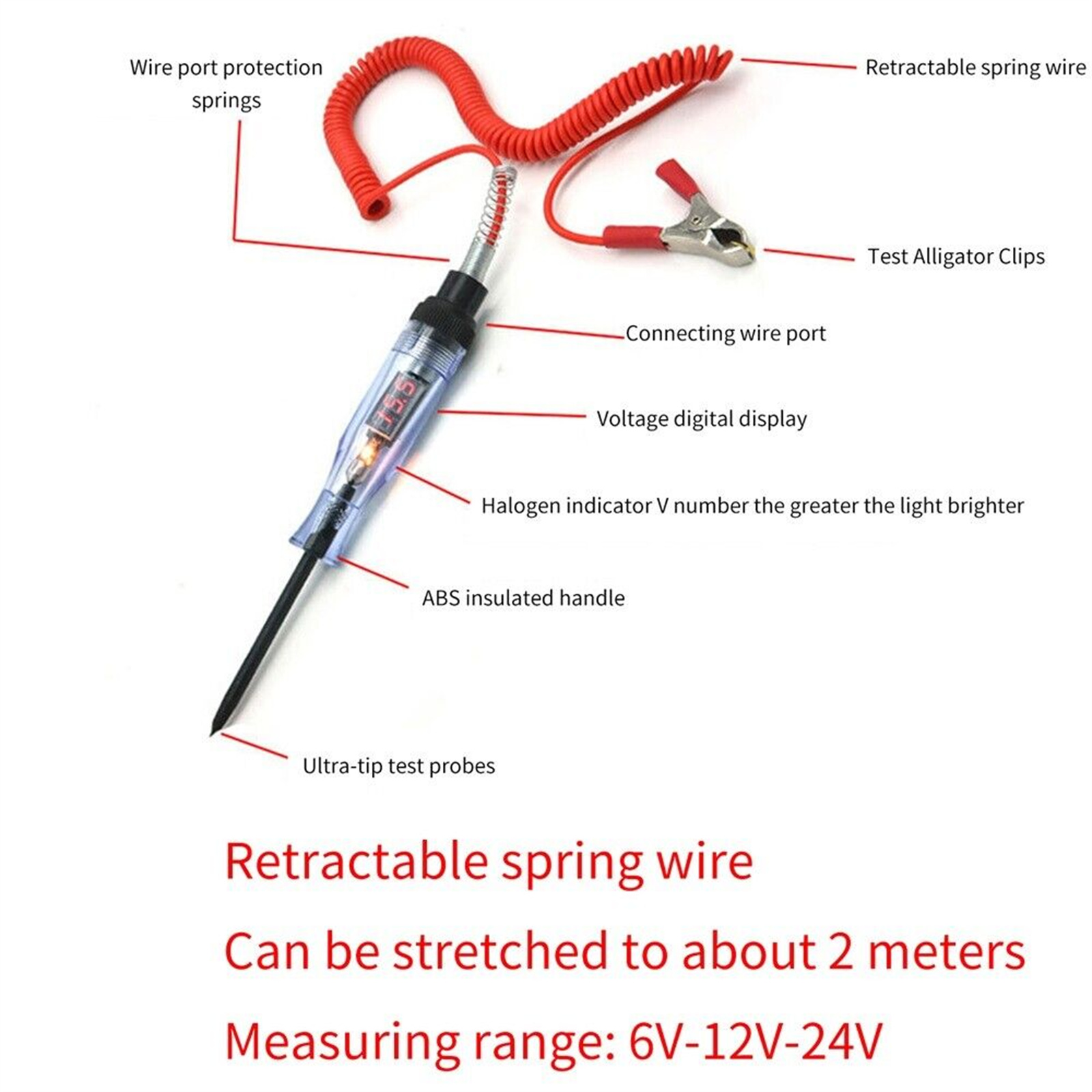 Qiunery Car Voltage Test Pen, 6V/12V/24V Auto Electric Tester With Steel Probe, Clip, Fault Testing Tool, 6.8" Pen Length Voltage Continuity Test For Most Cars. 