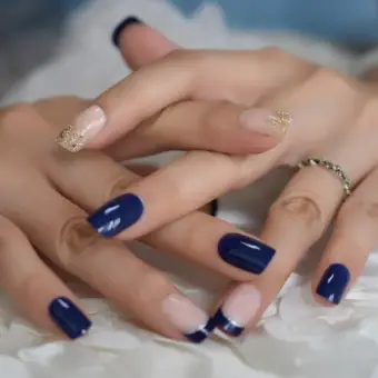 Glossy Blue French Nail Mix Glitter Medium Natural Press On Fingernails Pre Designed Acrylic Manicure Tips With Gluetabs Buy Online At Best Prices In Bangladesh Daraz Com