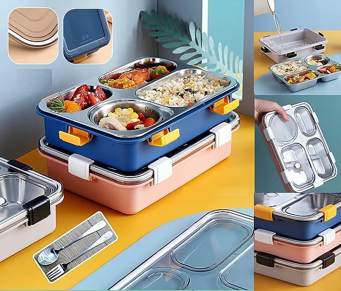 Brand Conquer Lunch Boxes for Adults - Lunch Box for Kids with Spoon & Fork - Durable Perfect Size for On-The-Go Meal, BPA-Free and Food 4 Compartment Stainless Steel (Random Color). 