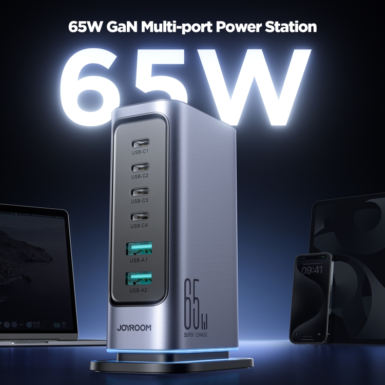 JOYROOM JR-TCM02 6 in 1 65W GaN 4 USB-C & 2 USB-A Multi-port Charger, Power Plug:UK Plug(Dark Gray) - 1