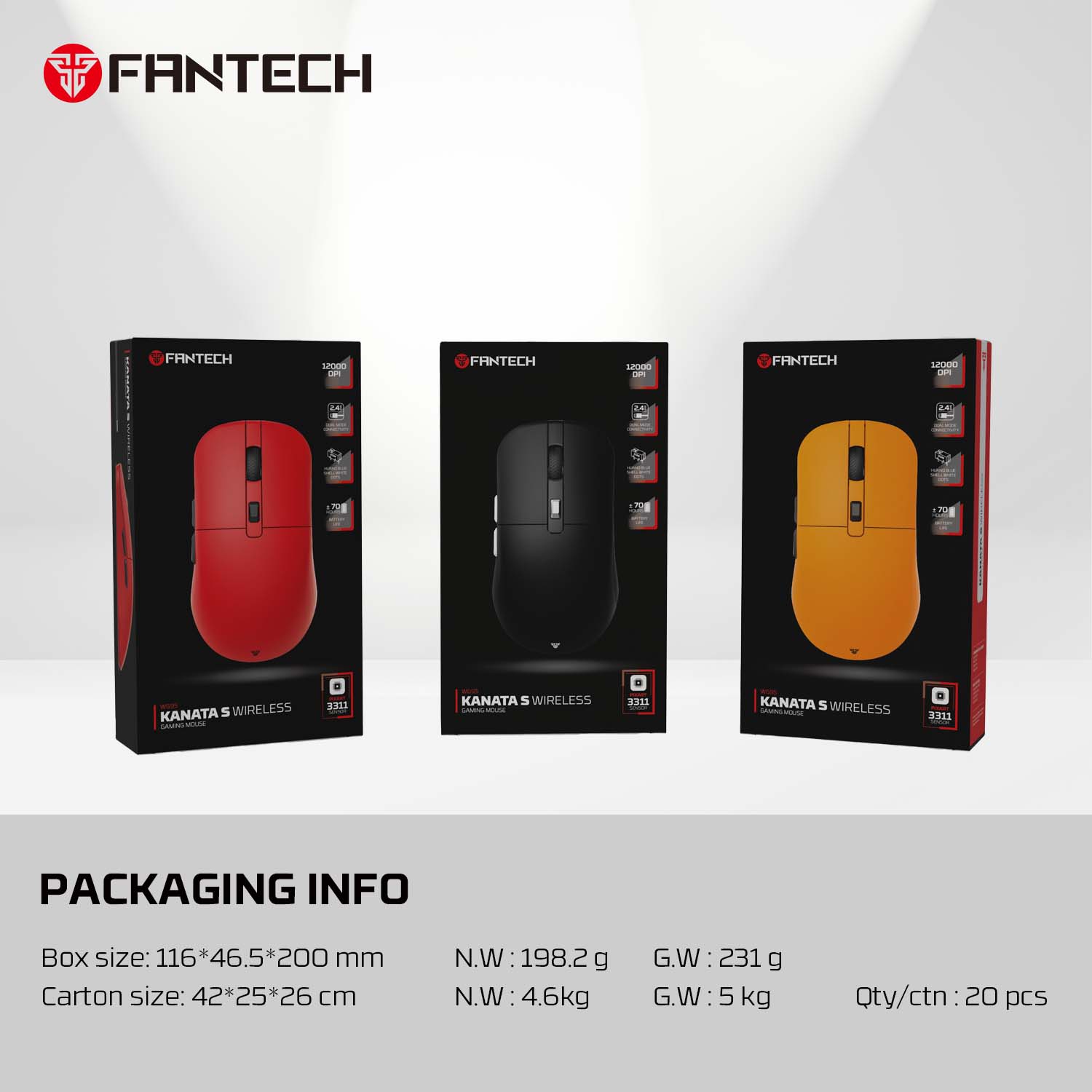 FANTECH WG9S KANATAS Wireless Gaming Mouse PIXART 3311 12000DPI Improved Ultra-Grippy Coating Mouse Macro Button Mice. 