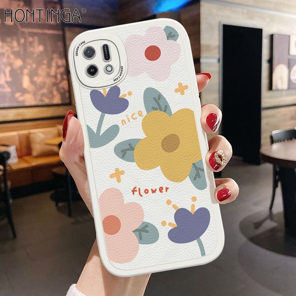 Hontinga for OPPO A16K A16E Back Cover PU Leather Beautiful Flowers Print Case Soft Silicone Edge Phone Cases
