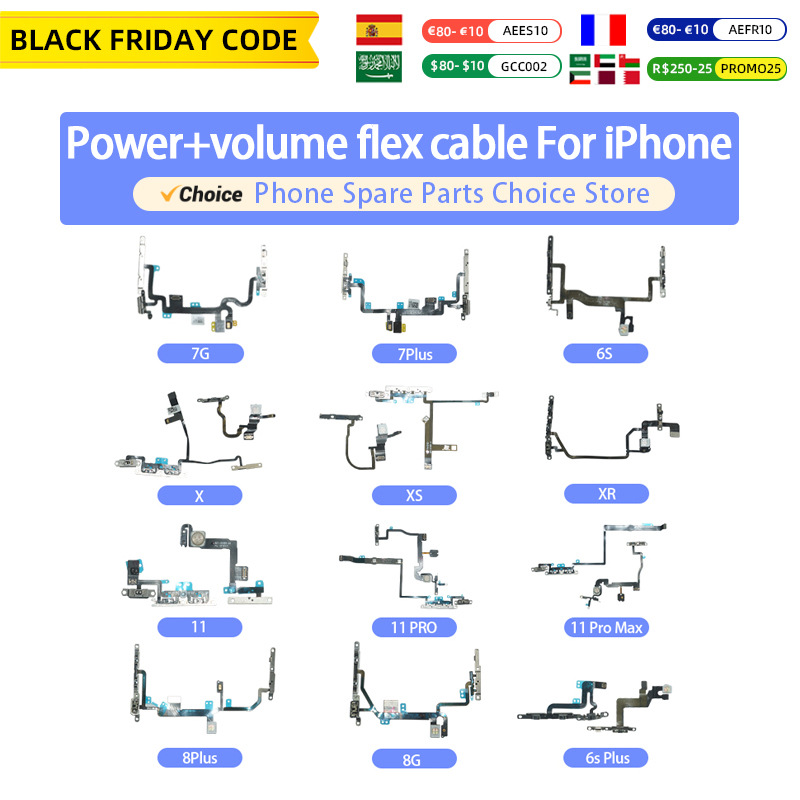 1Pcs Power On Off Flex Cable For iPhone 6 6S 7 8 Plus X XS Max XR 11 Pro Max Volume Up Down Side Button Key Ribbon With Metal