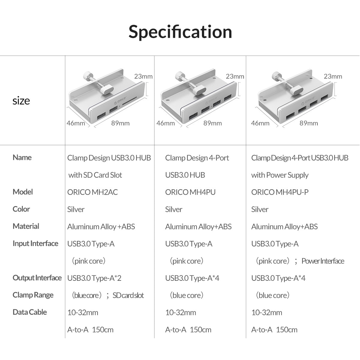 ORICO Clip-type USB 3.0 HUB Aluminum External Multi 4 Ports USB Splitter Adapter for Desktop Laptop Computer Accessories(MH4PU). 