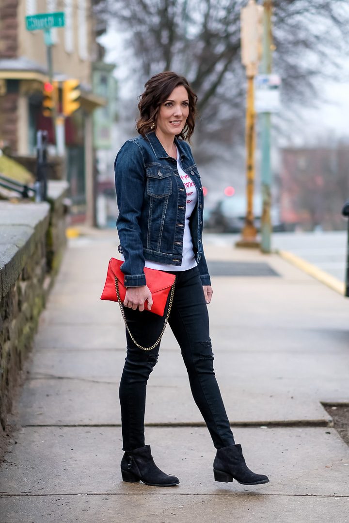 black pants and jean jacket