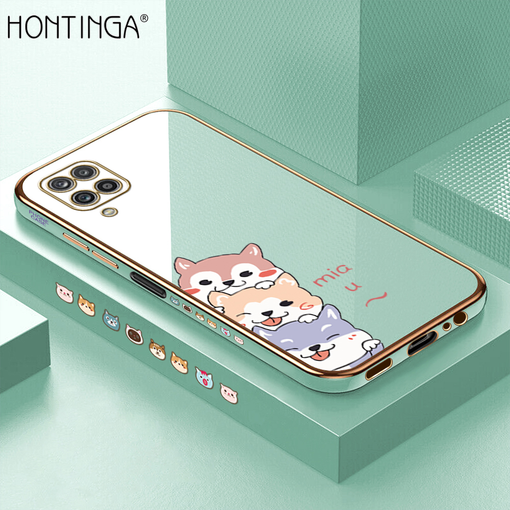 Hontinga for Samsung Galaxy M12 A12 5G/4G Back Cover + Free Lanyard Luxury 6D Plating Cute Cartoon Dogs Side Pattern Case Soft Silicone Square Phone Cases