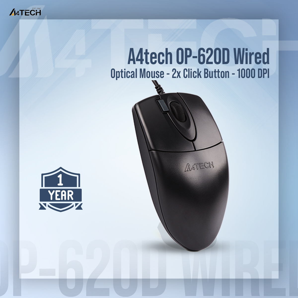 A4tech OP-620D Wired Optical Mouse - 2x Click Button - 1000 DPI - For PC/Laptop - Black