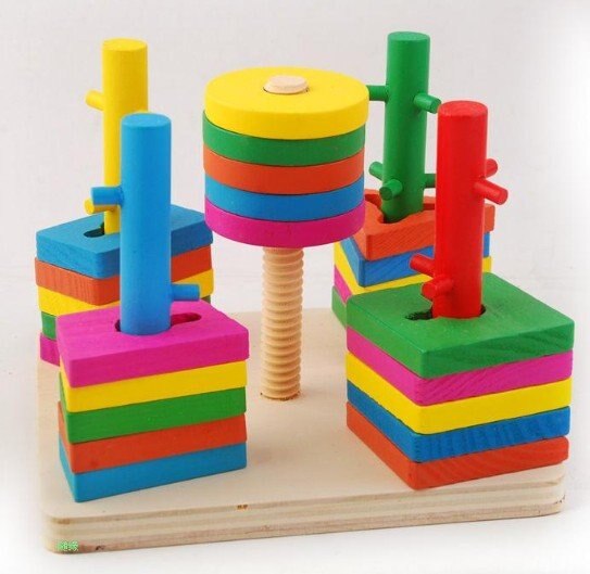 Colorful Wisdom Plate Wooden Reassemble Blocks Five Sets of Geometric Shape Matching Column Wooden Intellectual Toys. 