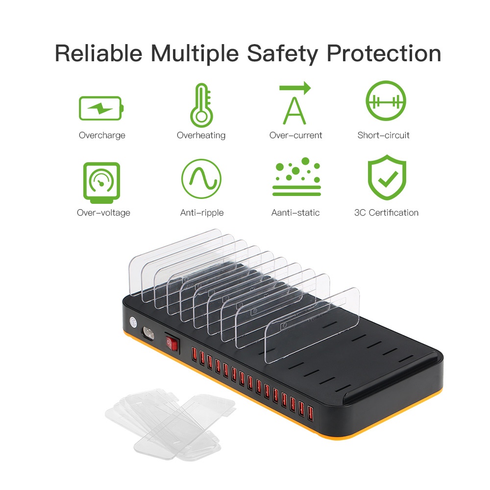 80W 15-Port Adjustable Dividers USB Charger Smart Charging Station Dock Multi Device Desktop Organizer Hub Stand with Intelligent IC Auto Detect Tech. 
