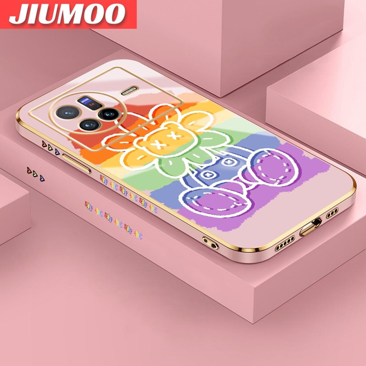 JIUMOO For vivo X80 Case Cartoon Cute Rainbow Flower Side Design Phone Case Square Edge Pattern Silicone Softcase Luxury Plating Casing Full Cover Camera Shockproof Protection Cases